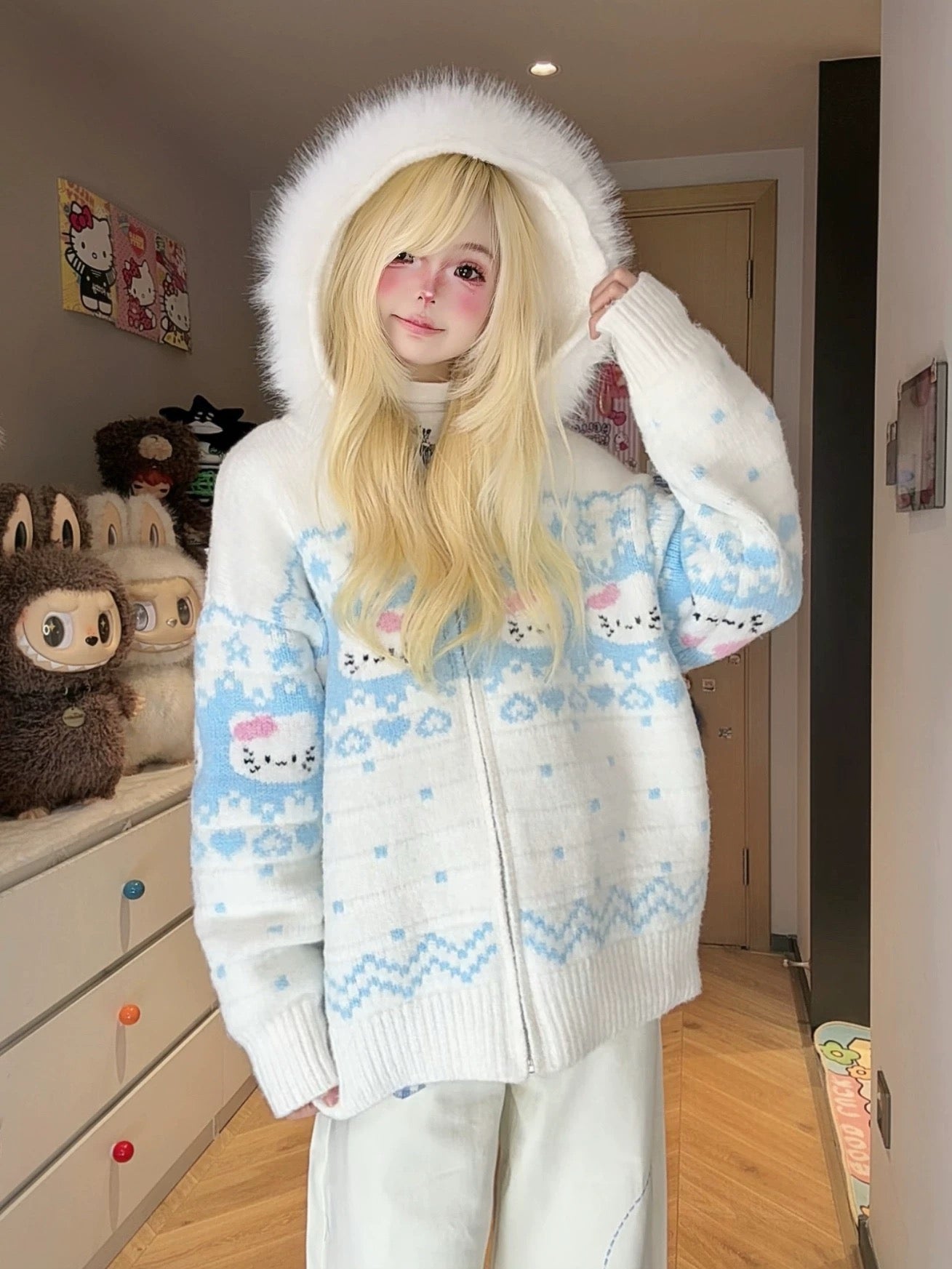 Cute Hello Kitty Hooded Plush Oversize Sweater