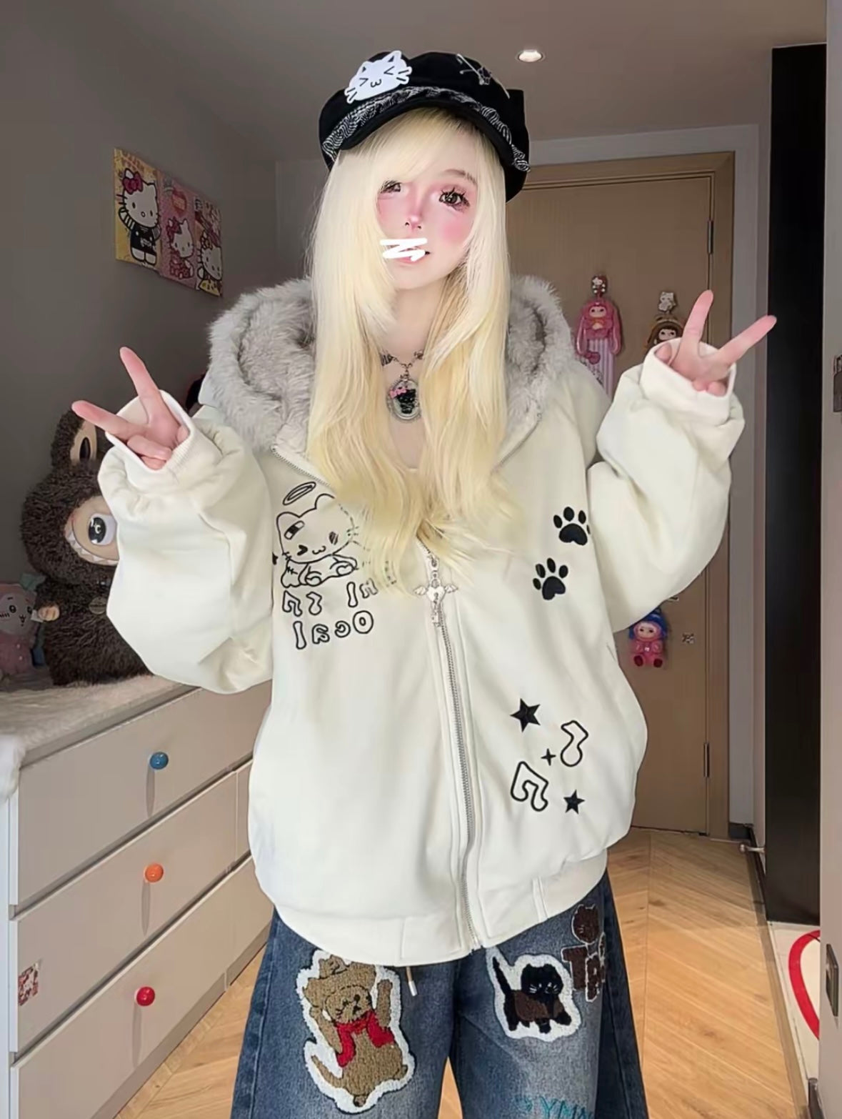 Kawaii Unisex Embroidered Plush Jacket