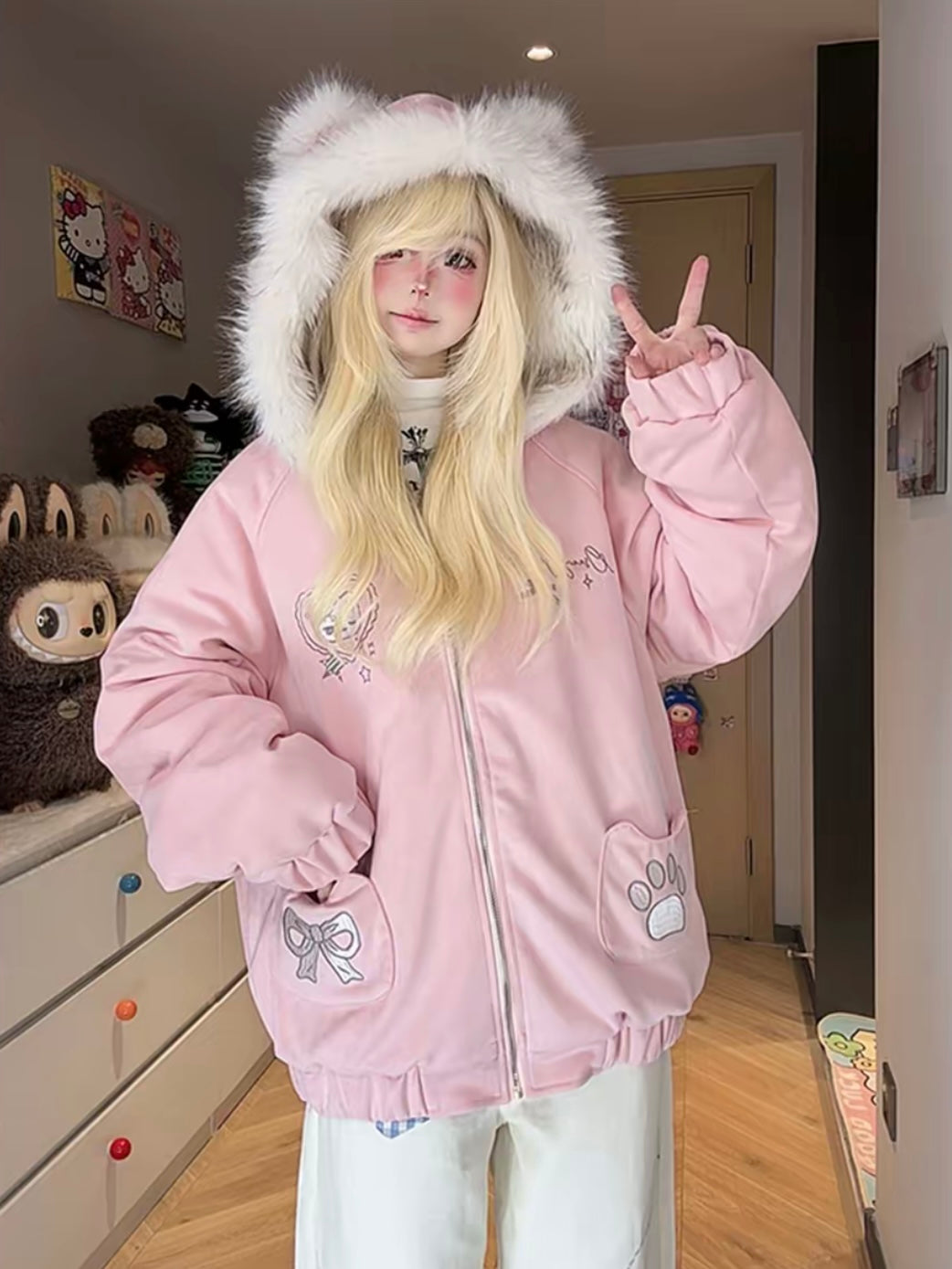 Kawaii Kitty Pocket Embroidered Plush Jacket