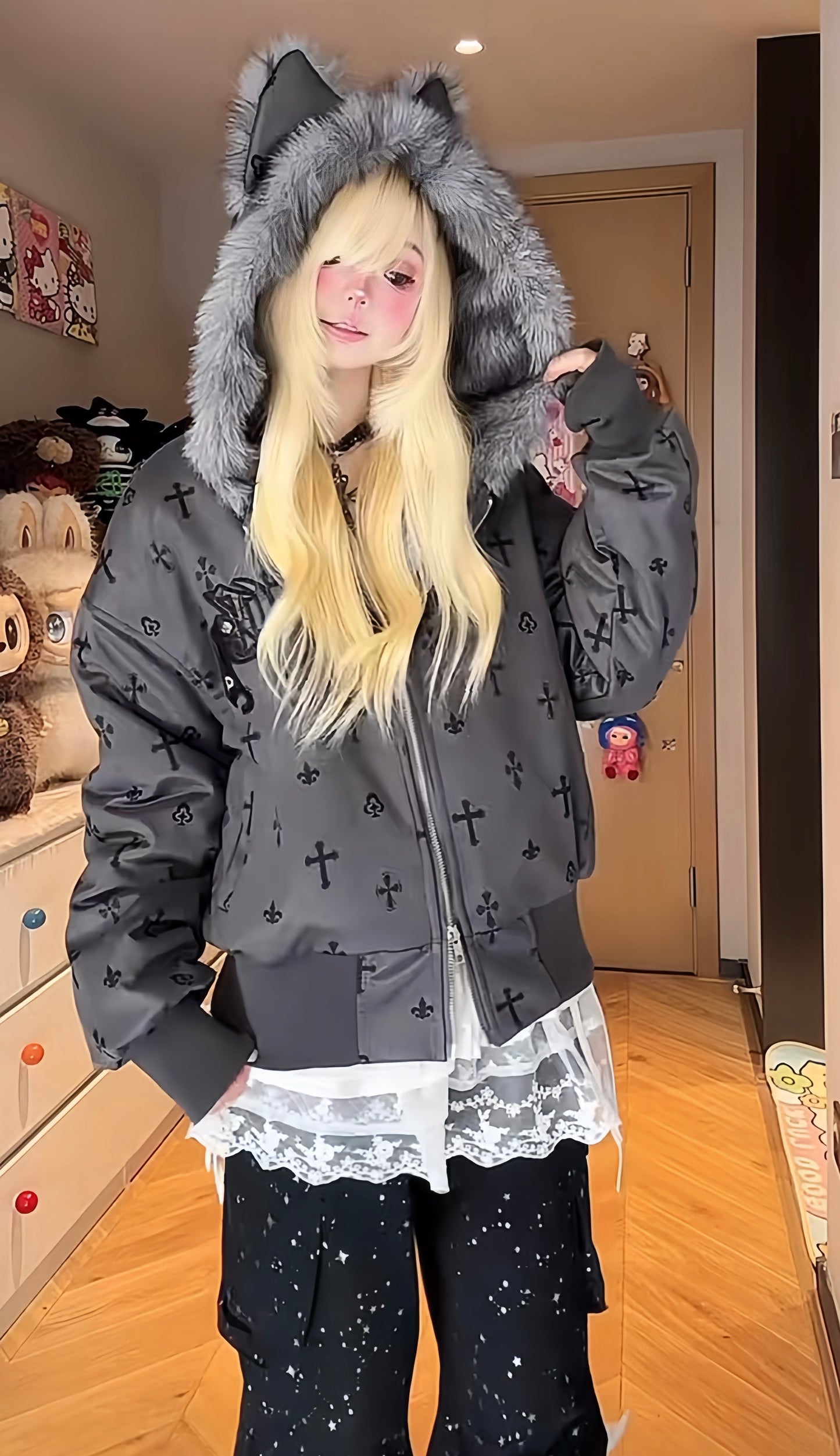 Kawaii Cross Short Plush Jacket