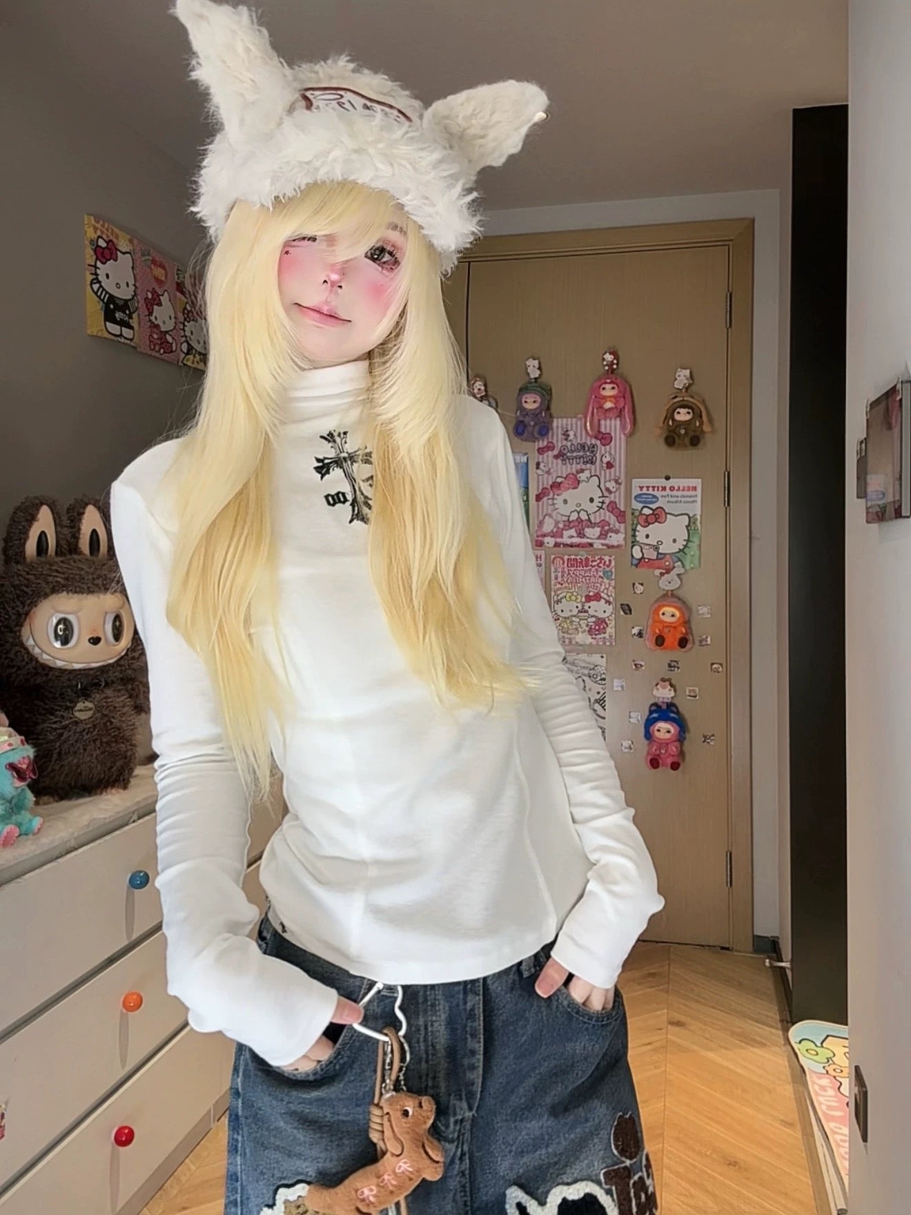 Cotton Gothic Cross Mock-Neck Slim Long-Sleeve Top