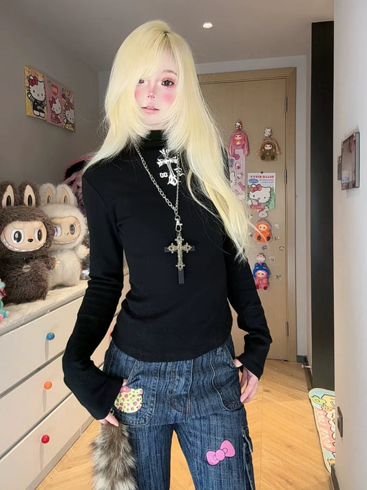 Cotton Gothic Cross Mock-Neck Slim Long-Sleeve Top