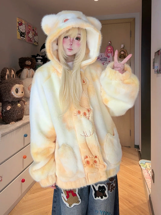 Kawaii Cat Embroidery Gradient Plush Hooded Puffer Coat (Winter, Oversize)