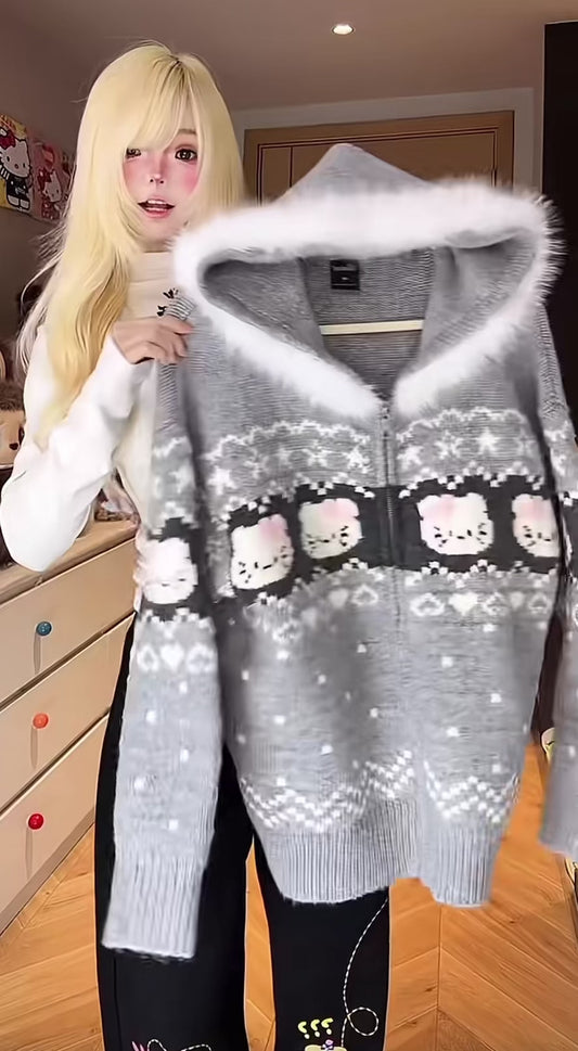 Cute Hello Kitty Hooded Plush Oversize Sweater